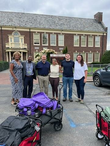 ATI and NYSEG handed out backpacks to students at Livingston Manor. Pictured are ATI’s Children and Family Services Program Manager, Akilah Sutphin, left; NYSEG’s Program Manager Uthman Aziz; Superintendent John Evans; Director of Special Services Lauren Marrero; NYSEG’s Travis Kelly; and Gabi Matthews.